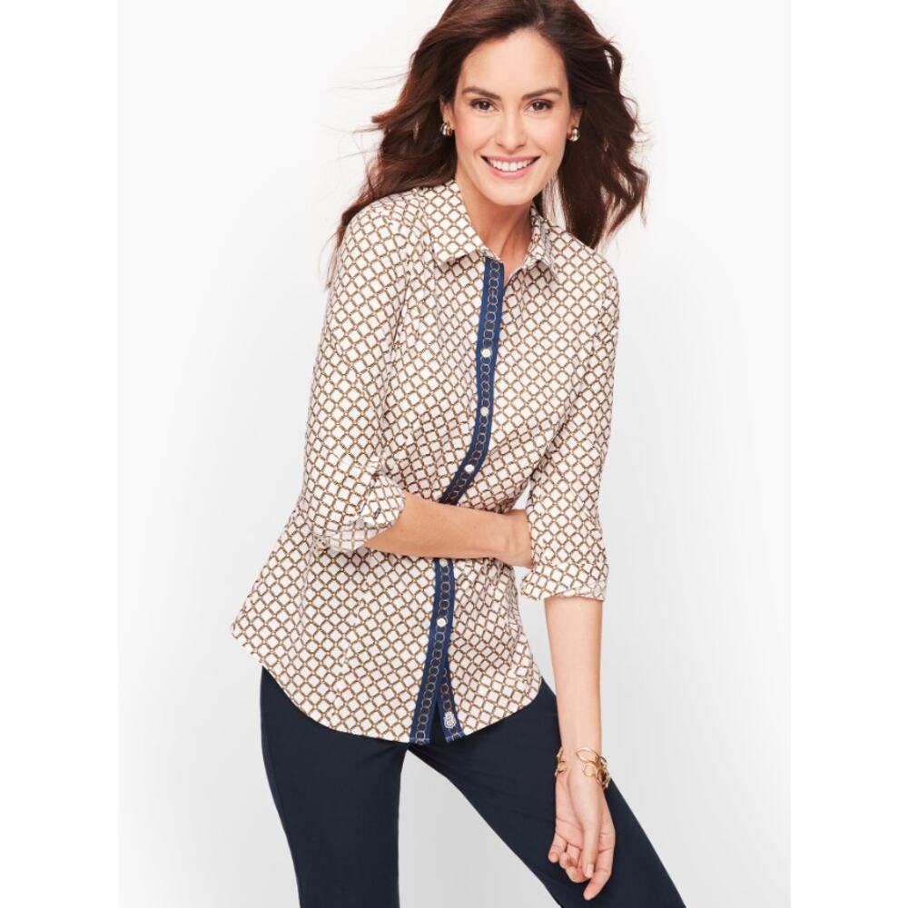 Talbots Women's Non Iron Chain Link‎ Button Front Perfect Shirt Size 16P Multi